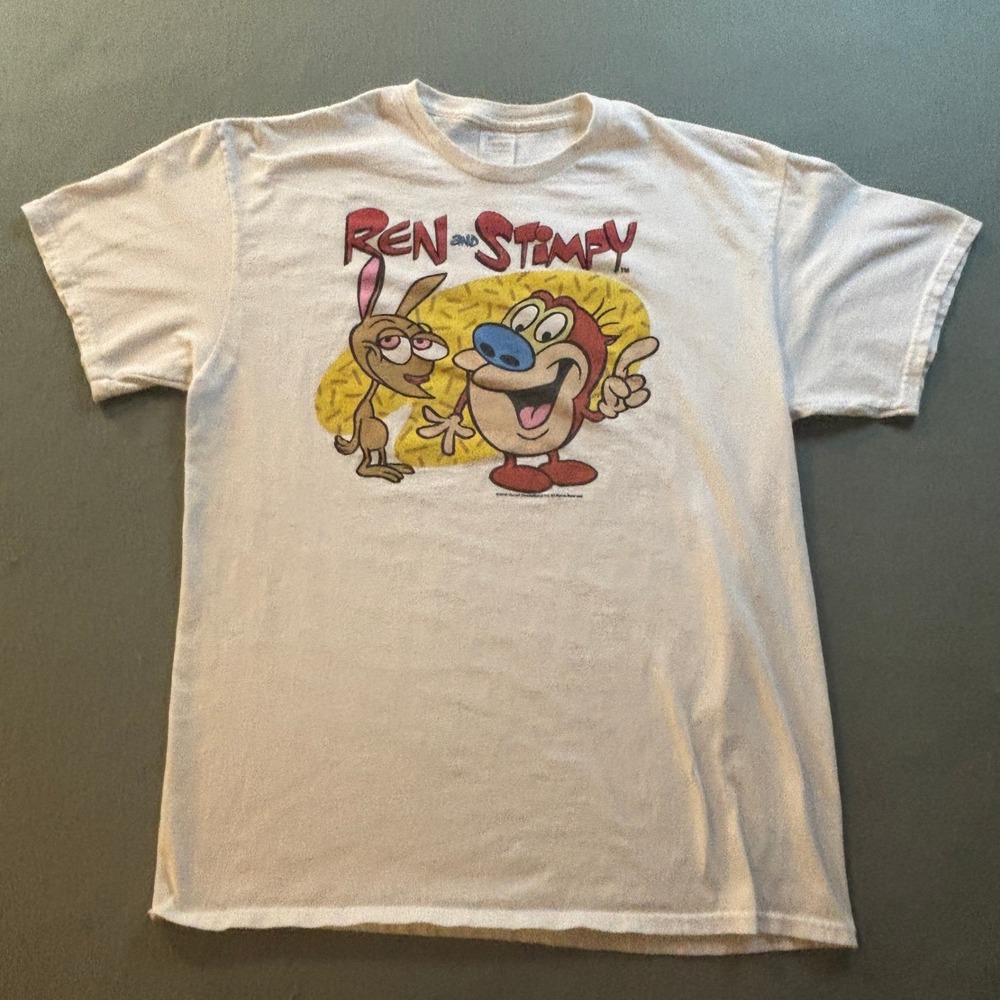 Ren and Stimpy Graphic T-Shirt Mens L White Nickelodeon Cartoon Retro 90s Style